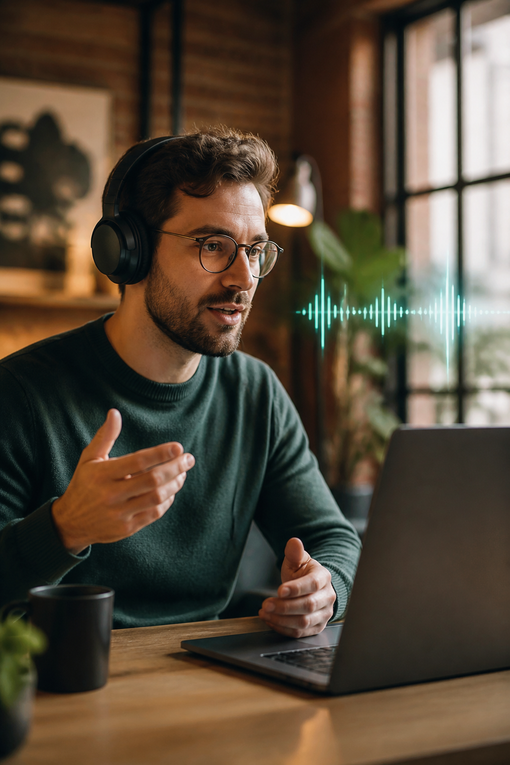 Desenvolvedor programando com headset e IA por voz